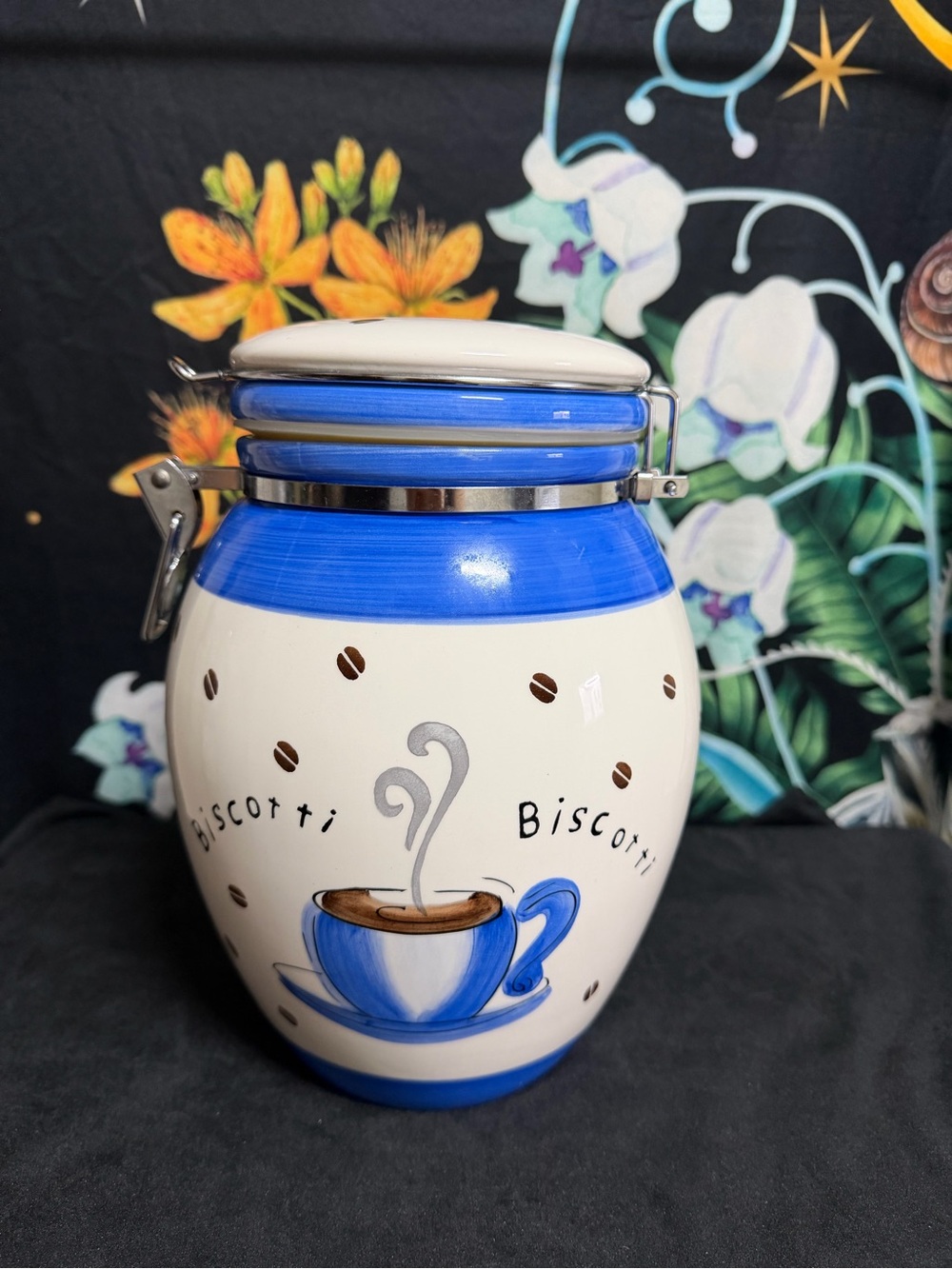 Vintage Blue and White Biscotti Ceramic Cookie Jar - Home Kitchen Storage